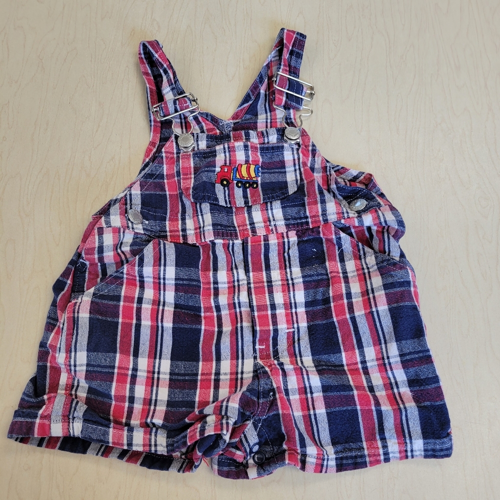In Design Kids Red White Blue Plaid Overalls Embroidered Cement Mixer Truck 18M